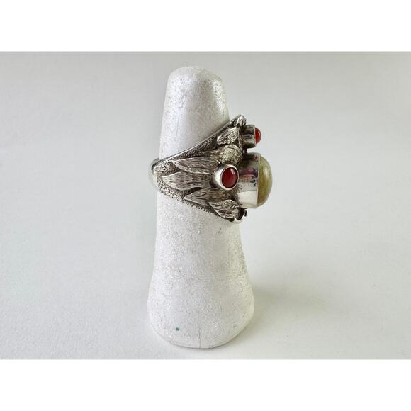 Red Coral Chatoyant Honey Yellow Calcite Hand Carved Sterling 925 Silver Ring - Picture 5 of 7